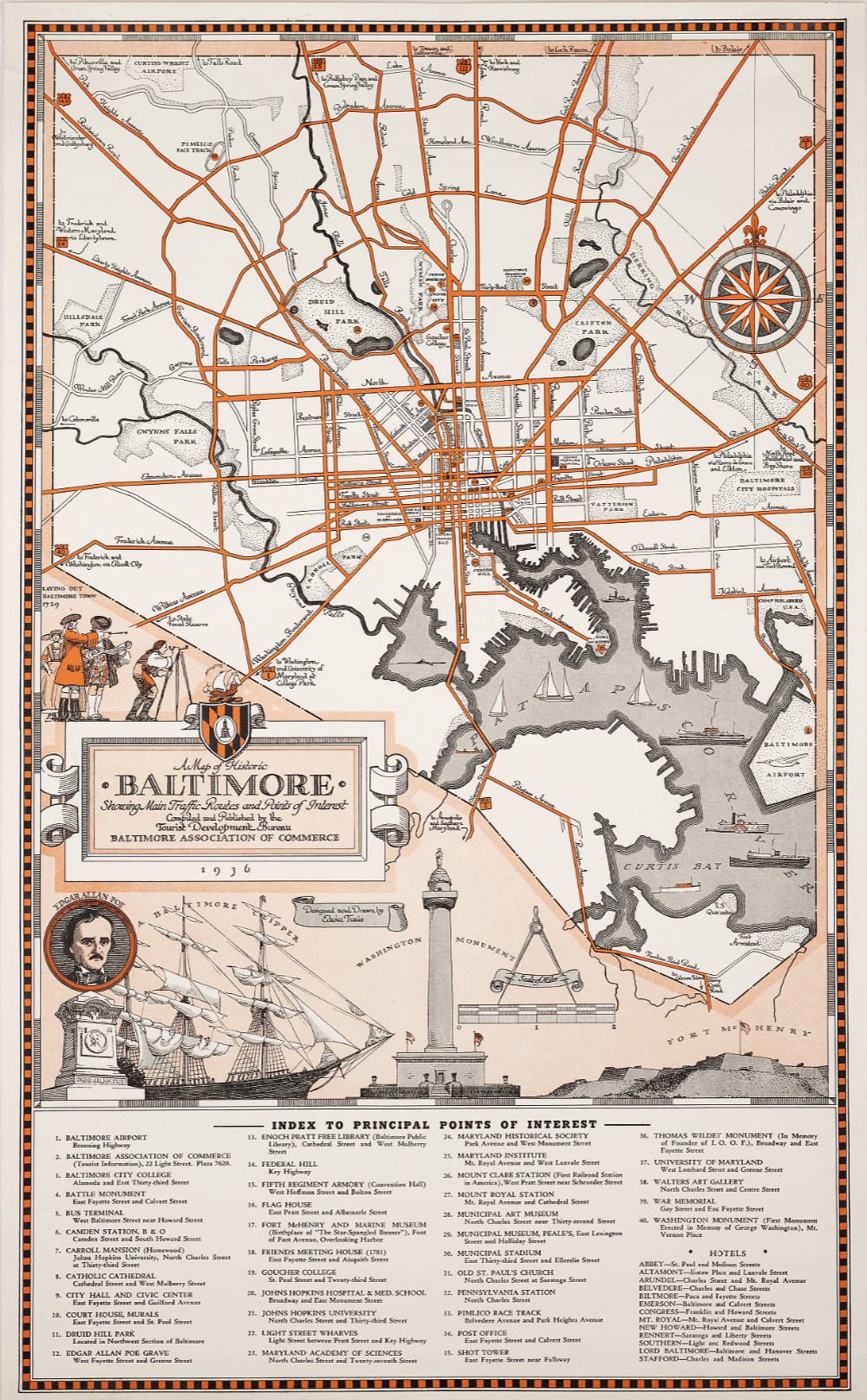 1936 - A map of historic Baltimore showing main traffic routes and points of interest